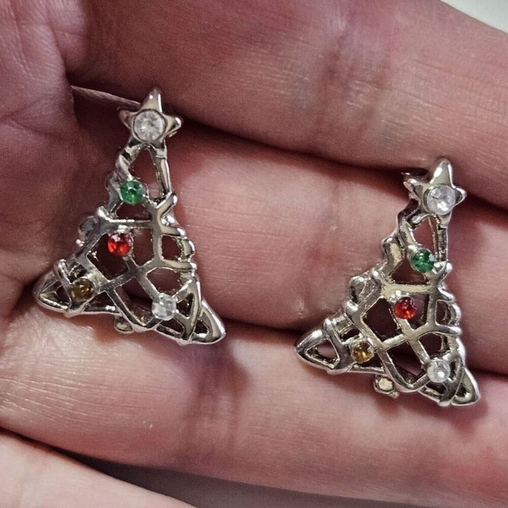 Festive Silver Christmas Tree Earrings Red Green Gold Accents